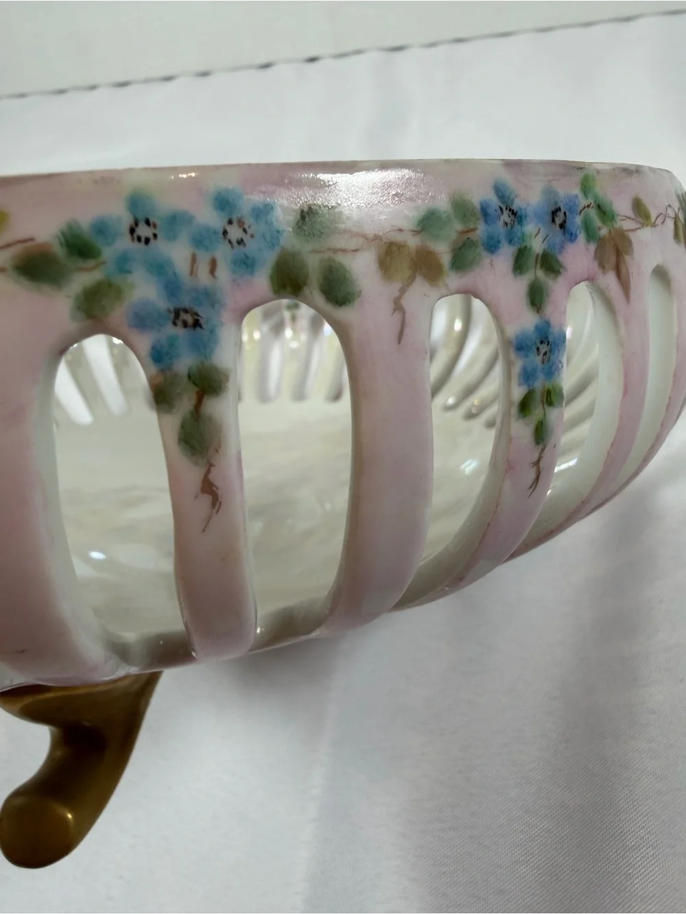 Vintage Reticulated Lattice Footed Fruit Bowl, Dresden-Style, Luster Glaze